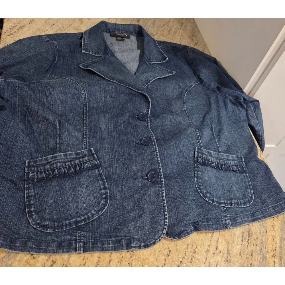Venezia Plus Sz 26/28 Blue Stretch Jean Jacket Blazer Ruffle Pocket Tie Back